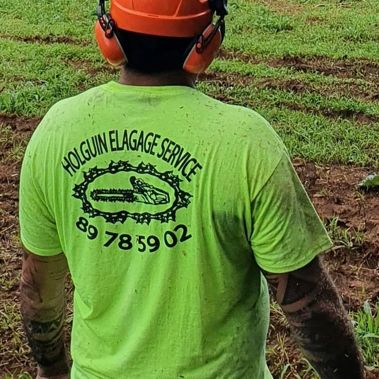 Le dos d'un t-shirt de l'équipe : l'emblème de l'entreprise, une tronçonneuse dans un anneau de chaîne, et le numéro de téléphone.
